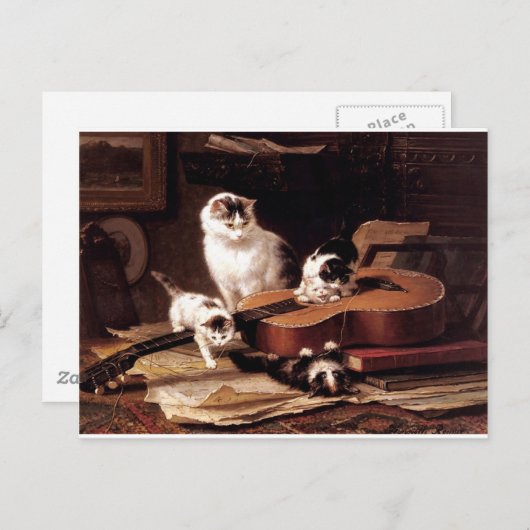 Kittens kat speelt met gitaar ondeugend schattig briefkaart (Voorkant / Achterkant)
