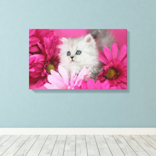 Kittens, katten, roze, polka stippen canvas afdruk (Insitu (Houten vloer))