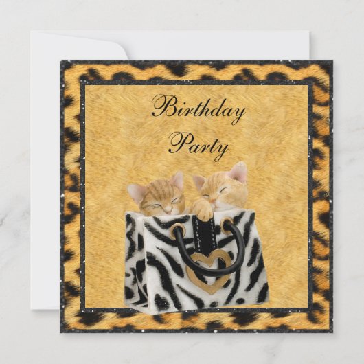 Kittens & Leopard Print Fur Gold Birthday Party Kaart (Voorkant)