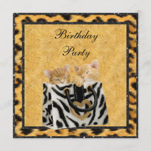 Kittens & Leopard Print Fur Gold Birthday Party Kaart