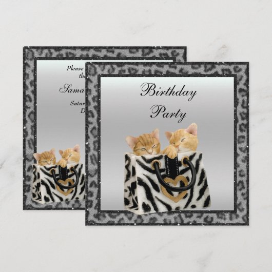Kittens & Leopard Print Fur Silver Birthday Party Kaart (Voorkant / Achterkant)