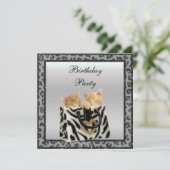 Kittens & Leopard Print Fur Silver Birthday Party Kaart (Staand voorkant)