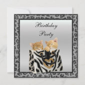 Kittens & Leopard Print Fur Silver Birthday Party Kaart (Voorkant)