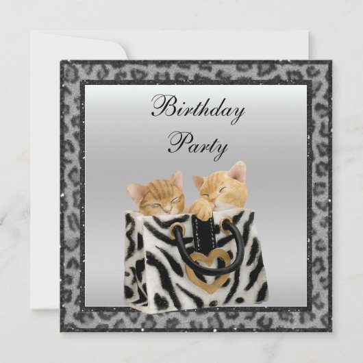 Kittens & Leopard Print Fur Silver Birthday Party Kaart (Voorkant)
