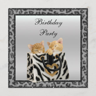 Kittens & Leopard Print Fur Silver Birthday Party Kaart