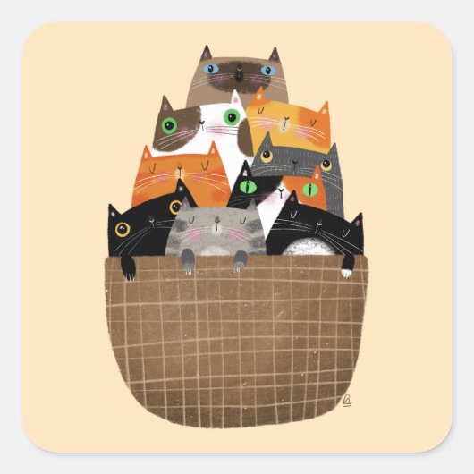 Kittens mandje vierkante sticker (Voorkant)