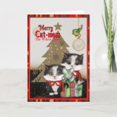 Kittens Merry Cat-mess Card | Red Plaid Christmas Feestdagen Kaart (Voorkant)