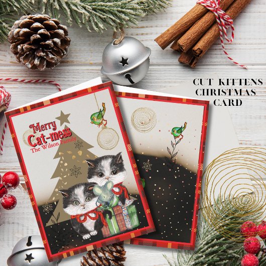 Kittens Merry Cat-mess Kaart | Rode Plaid Kerstmis