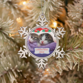 Kittens met een rode kerstkerstmis 20XX Tin Sneeuwvlok Ornament