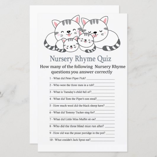 Kittens Nursery Rhyme Quiz baby shower game (Voorkant / Achterkant)