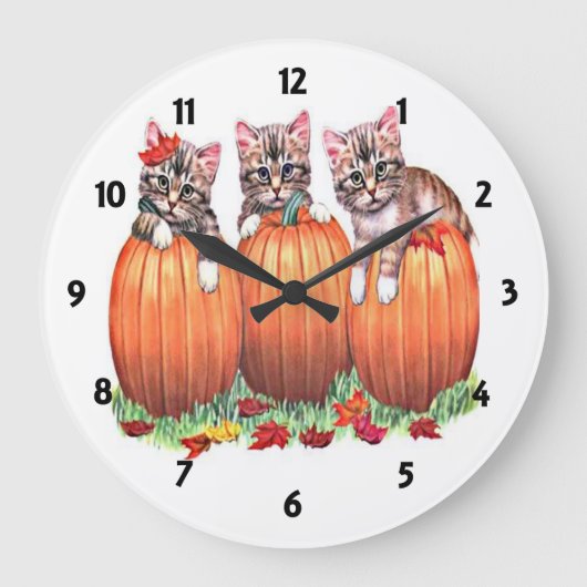 Kittens op Pumpkins Wall-klok Grote Klok (Voorkant)