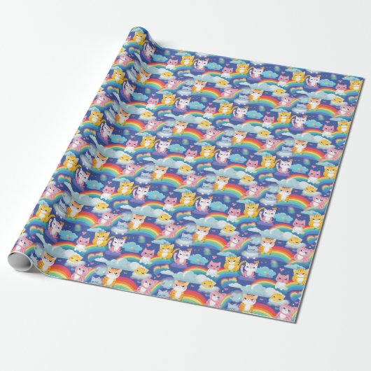 Kittens op Rainbow Clouds Happy Cat Lover Cadeaupapier (Uitgerold)