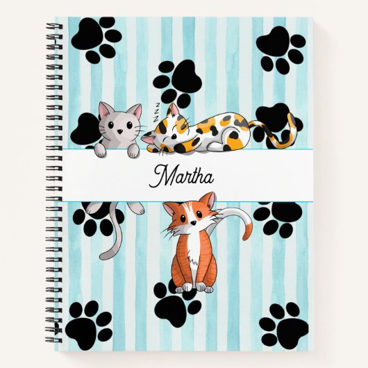 Kittens & poten, blauw gestreepte spiraal Notitieboek (Voorkant)