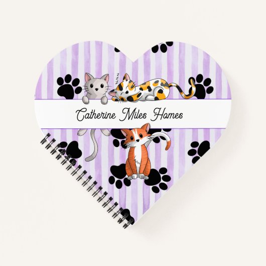  Kittens & poten, paarse strepen hartvorm Notitieboek (Voorkant)