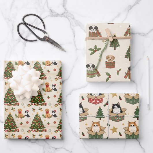 Kittens, Puppies, and Christmas Trees Pattern Inpakpapier Vel (Voorkant)