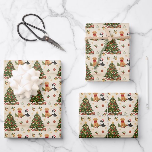 Kittens, Puppies en Kerstbomen Patroon Inpakpapier Vel (Voorkant)
