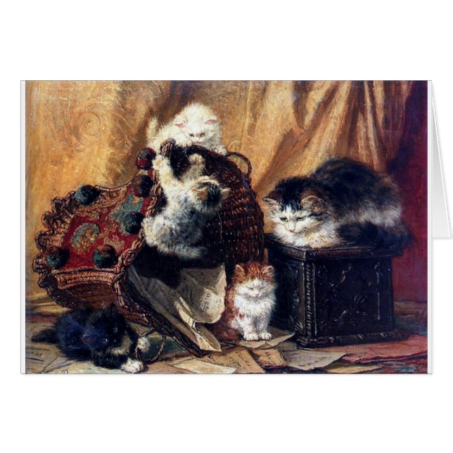 Kittens spelen met antiek schilderij in de mand (Voorkant Horizontaal)
