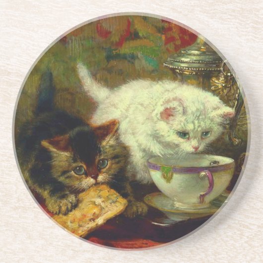 Kittens Tea Party Zandsteen Onderzetter (Voorkant)