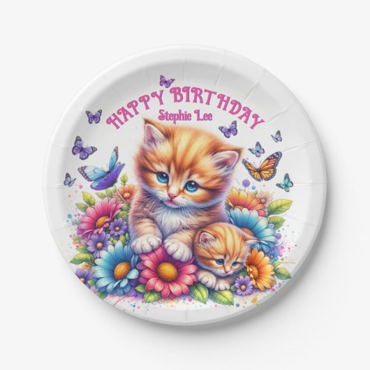 Kittens, Vlinders en Bloemen Papieren Bordje (Voorkant)