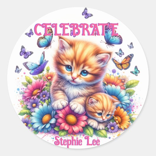 Kittens, Vlinders en Bloemen Ronde Sticker (Voorkant)