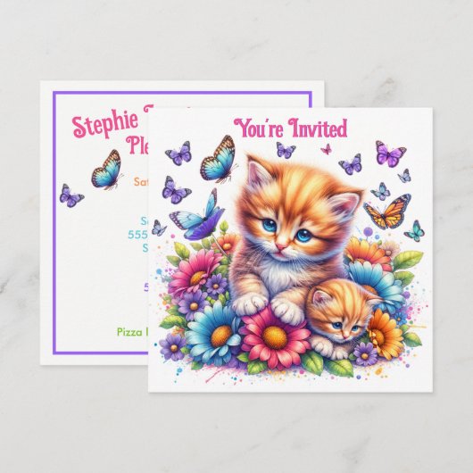 Kittens, Vlinders en Bloemen Verjaardag Kaart (Voorkant / Achterkant)