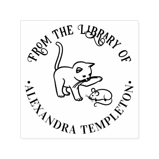 Kittenspeler met muis rond bibliotheekboek naam  zelfinktende stempel (Design)