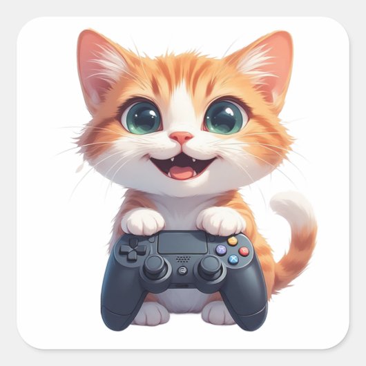 Kittenspelletje met gamecontroller Lachende Gamer Vierkante Sticker (Voorkant)