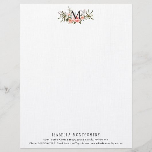 Kittig koraal bloem waterverf boho | Monogram Briefhoofd (Voorkant)