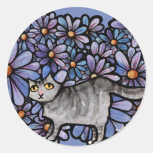 Kittige Kat Paarse Madeliefjes Grijze Kat Kunst Gr Ronde Sticker