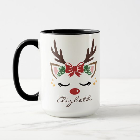 Kittige Rendiergezicht Persoonlijke Naam Kerstmis Mok (Links)