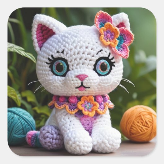 Kitty Amigurumi Haakpop Verrassende Pastelkleuren Vierkante Sticker (Voorkant)