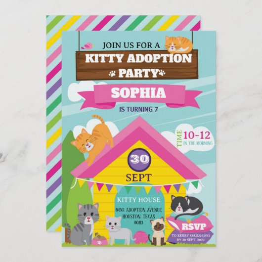 Kitty Birthday Invitation / Girl Kitten Party Kaart (Voorkant / Achterkant)