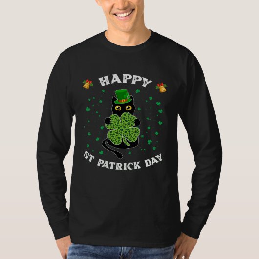 Kitty Black Cat Holding Shamrock Happy St Patrick  T-shirt (Voorkant)