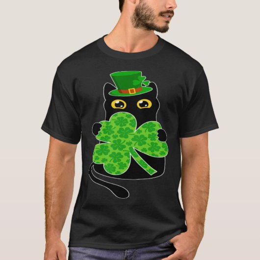 kItty Black Cat Holding Shamrock St Patricks Day 2 T-shirt (Voorkant)
