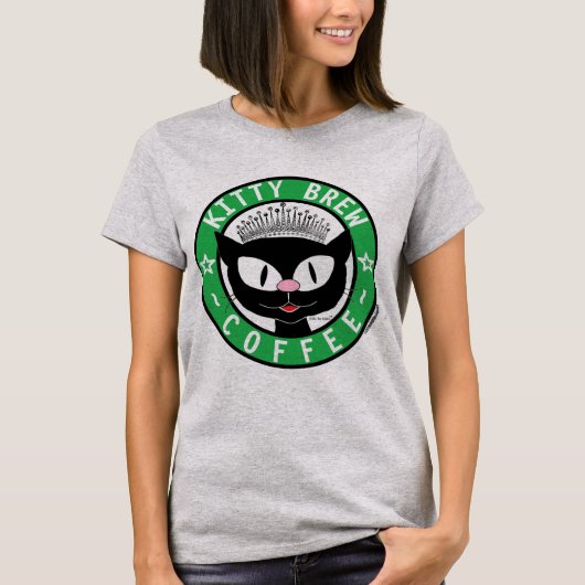 Kitty Brew Coffee Schattige Zwarte Cartoon Kat T-shirt (Voorkant)