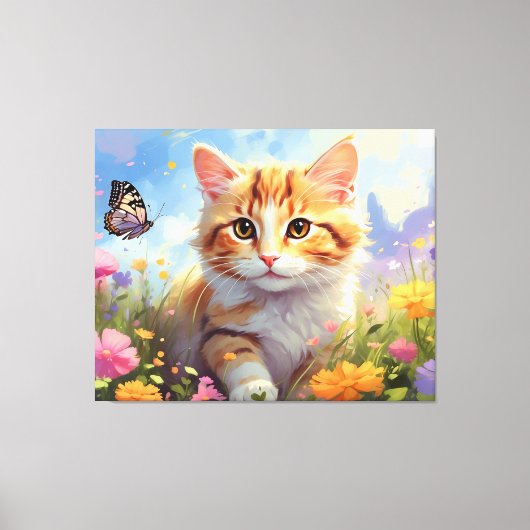 *~* Kitty Cat 5:4 Kitten Vlinder Bloemen AP68 Canvas Afdruk (Voorkant)