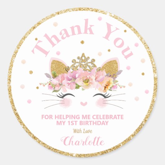 Kitty Cat Bedankt Sticker Labels Verjaardags Favor (Voorkant)
