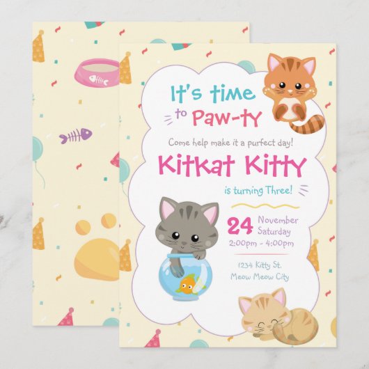 Kitty Cat Birthday Invitation Kitten Kaart (Voorkant / Achterkant)