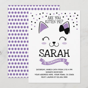 Kitty Cat Birthday Invitation, Paars & zwart Kaart