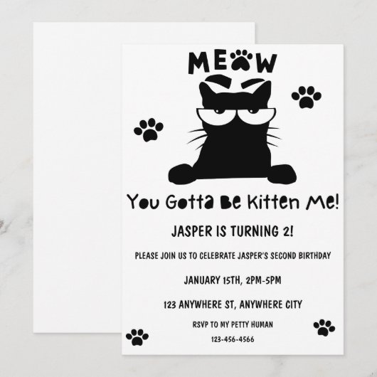 Kitty Cat Birthday Kitten Pawty Invite Kaart (Voorkant / Achterkant)