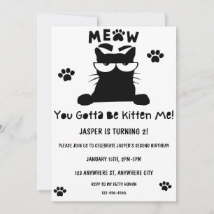 Kitty Cat Birthday Kitten Pawty Invite Kaart