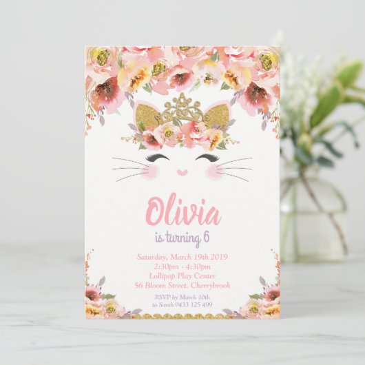 Kitty Cat Birthday Party Princess Kat Kaart (Staand voorkant)