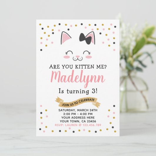 Kitty Cat Birthday Uitnodiging (Staand voorkant)