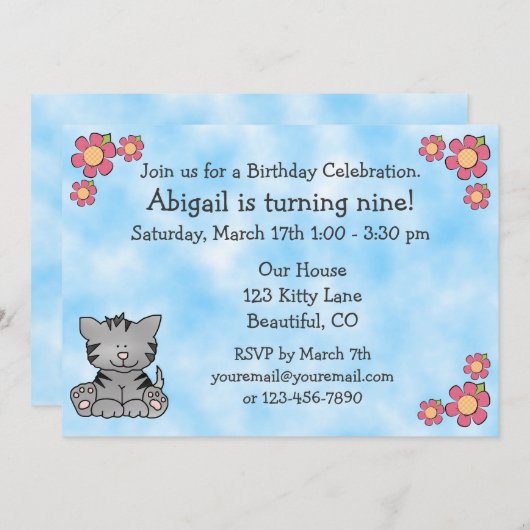 Kitty Cat Birthday Uitnodiging (Voorkant / Achterkant)