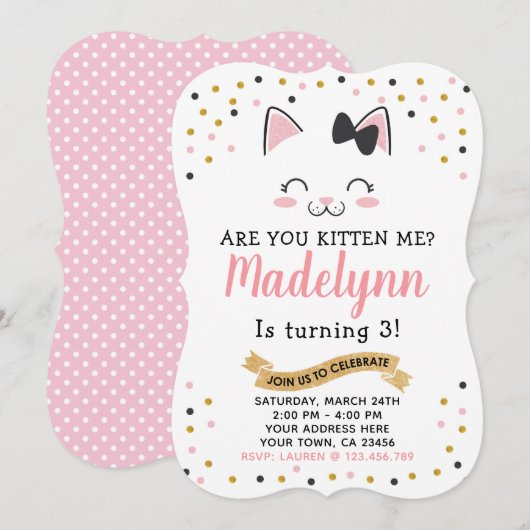 Kitty Cat Birthday Uitnodiging (Voorkant / Achterkant)