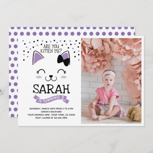 Kitty Cat Birthday Uitnodiging met foto (Voorkant / Achterkant)