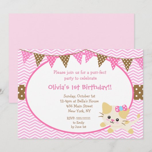 Kitty Cat Birthday-uitnodigingen Kaart (Voorkant / Achterkant)