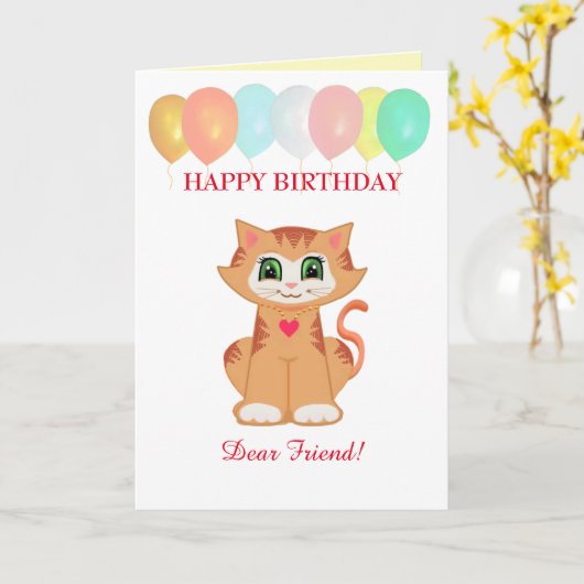 Kitty Cat Birthday wil vrienden Kaart (Gele Bloem)