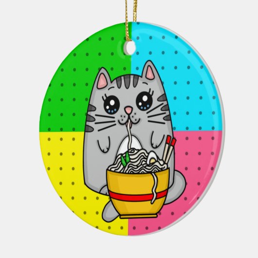Kitty Cat eet Ramen Noodles Keramisch Ornament (Links)