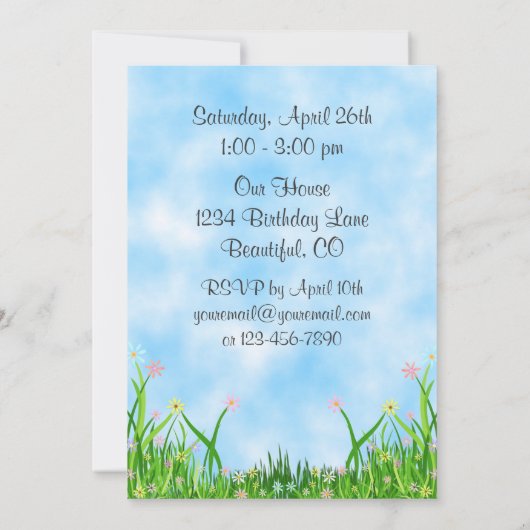 Kitty Cat en bloemen 1e verjaardag uitnodiging (Achterkant)